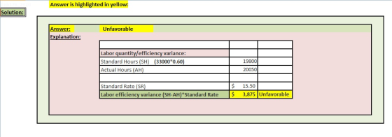 Answer is highlighted in yellow: Solution: Unfavorable Answer: Explanation: Labor quantity/efficiency variance: Standard Hour