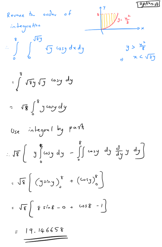 Lophon.al Reverse the order of bi integration 8 Joy Į ry cosy dx dy ys ncroy 8 j roy ry cosy dy về Jºdy Use integral by parts