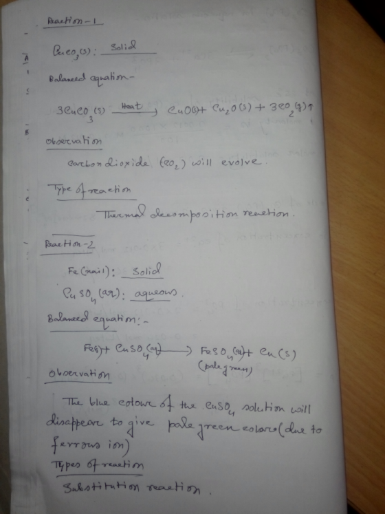 Reaction-1 lol Cuco(s): Solid Balanced equation- 3 Cuco (s) Heat , CuO6t Cug 0(s) + 300 (9) observation earbon dioxide (eo) w