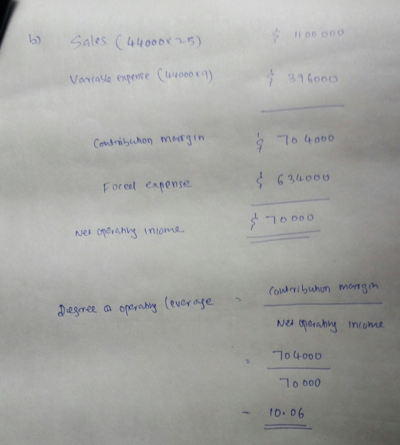 Sales (44000 x 25) 100 000 $ Variable expense (44000 x 9) § 39 6ooo Contribution margin § 70 4000 & 634000 Foceel expense $ 1