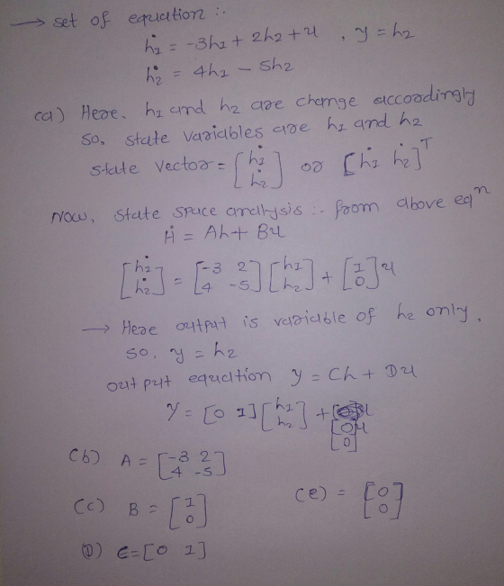 set of equation : hi=-3hz + 2h2+2 , y = hz h = 4hz - Sha ca) Here hi and hz are change accoadingly So state variables are hi