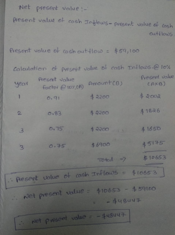 Net present value ! - present value of cash Inflows - present value of cash! outflows Present value of cash out flow = $59,10