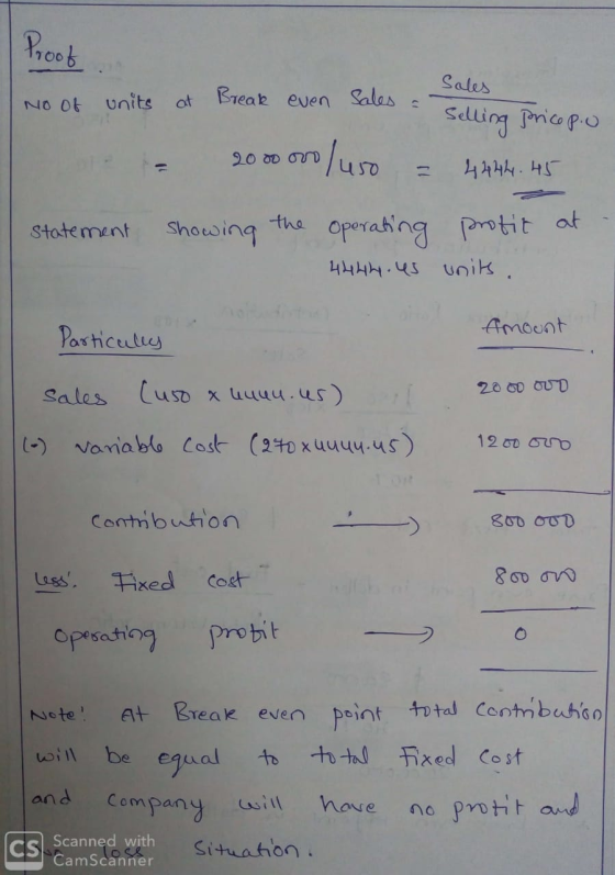 Proof Sales No of units at Break even Sales - Selling Pricopio - 2000 oro / uso = 444.45 statement showing the operating prof