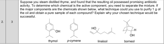 Suppose you steam distilled thyme, and found that the resulting oil possessed promising antibiotic activity. To determine whi