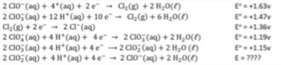 2 Clo (aq) + 4* (aq) + 2e → C12(8) + 2 H20(1) 2 Clog (aq) +12 H+ (aq) + 10 + Cl2(g) + 6H2000) Cl2(g) + 2 e + 2Cl(aq) 2 CIO (