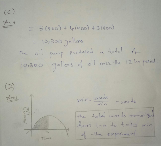 (c) - 5(800) + 4 (900) +31600) = 10,300 gallons The oil pump produced a total of 10,300 gallons of oil over the 12 hr period.