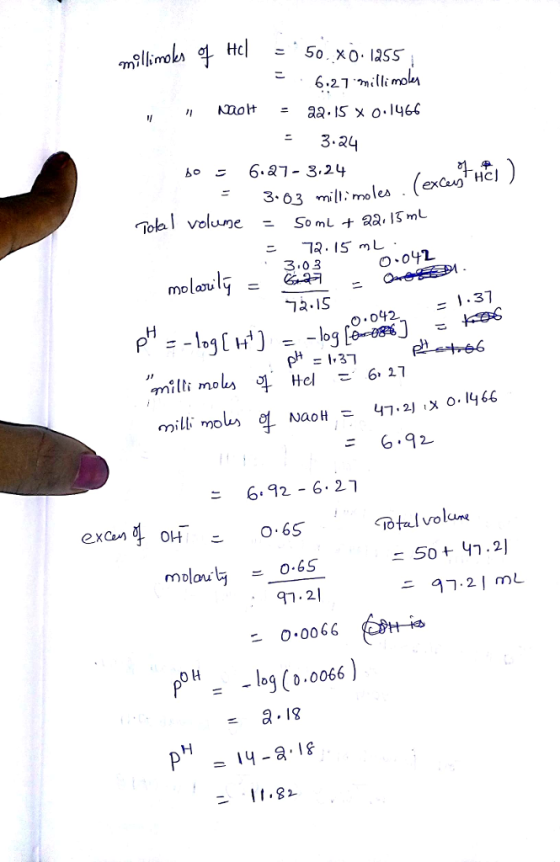 6.27mlli mo so 6.1 3.24 exCeas mimo les 3.0 2.IS .37 o 042 milli mols Hel 6,27 milli mol of Na애 = 47.2/X0.1466 6.12- 6.2 O.65