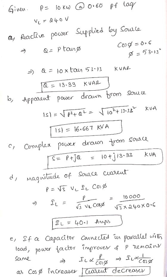 ou (a a, Racive pocder Supplied by Soata 53-13。 & 13.33 KVAL rauwn is) = 16.66 KVA Complex p。 acitor Cannecad load, power act