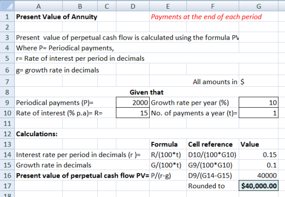 A B C D E F G 1 Present Value of Annuity Payments at the end of each period 2 3 Present value of perpetual cash flow is calcu