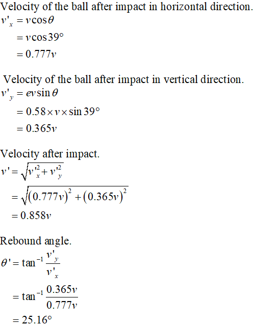 Velocity of the ball after impact in horizontal direction v. = vcose = vcos39° 0.777v Velocity of the ball after impact in v