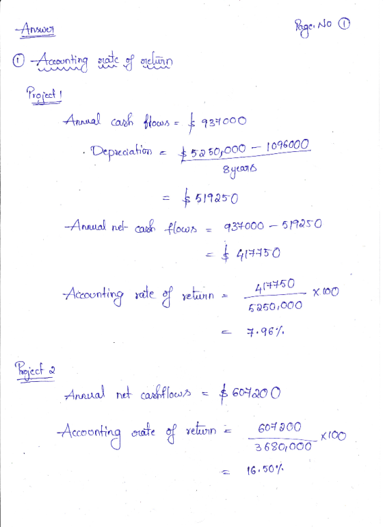 Page No Answer o Accounting waste of returns Project! Annual cash flows = $934000 Depreciation = $5250,000 - 1096000 8years =