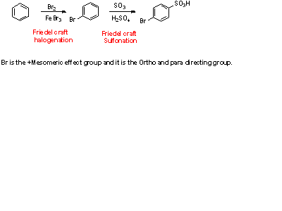 S03H FeBr3 Br Friedel craft halogenation Friedel crat Suffonation Br is the +Mc effect group and it is the Ortho and para dre