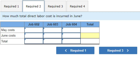 Required 1 Required 2 Required 3 Required 4 How much total direct labor cost is incurred in June? Job 602 Job 603 Job 604 Tot