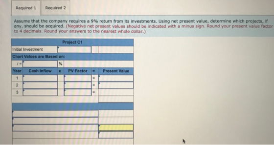 Required 1 Required 2 Assume that the company requires a 9% return from its investments. Using net present value, determine w