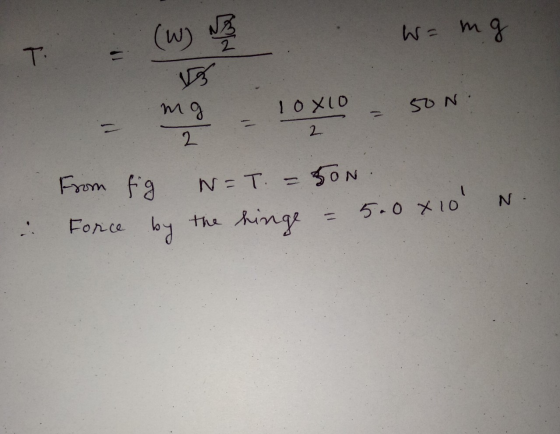T (W) NA W = mg mg loxio 50 N. 2 - mg 10X10 Son. from fig N=T. = ON. Force by the hinge = 5.0x10 N. i.
