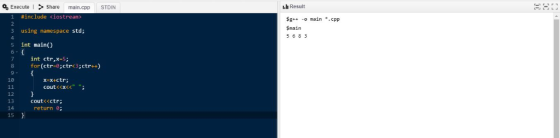 Execute Share main.cpp STDIN h Result #include <iostream > g -o main .cpp Smain 5 6 8 3 3 using namespace std; 5 int main() 7