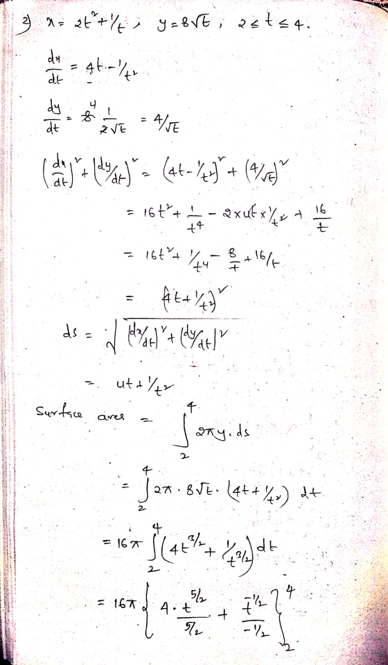 2 = t; J=8vE 2&t=4. dy dt 나 dy at - 4 - 4/6 2VE ( +1%) - Cut-key + (ial = 16t3 - axutx / 16. 서 온 = 166월 16 solt + A d%+ Gd