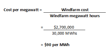 Cost per megawatt = Windfarm cost Windfarm megawatt hours $2,700,000 30,000 MWhs = $90 per MWh