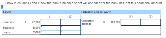 Show in columns 1 and 1 how the banks balance sheet will appear after the bank has lent this additional amount Assets Liabi