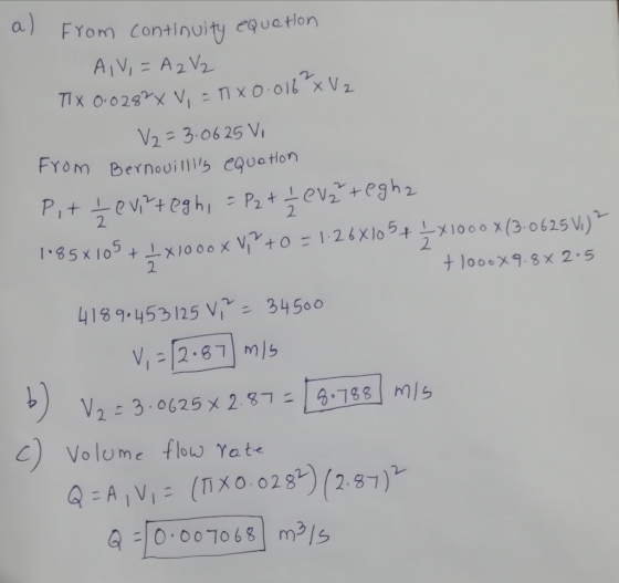 e Hon a) from continuity equat AIVI = A 2 V₂ TIX 0.0282 V, = TX0.016 xV2 V2= 3.0625 V, from Bernouilllly equation Piti eviteg