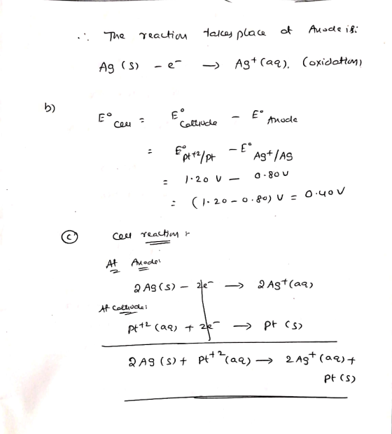 .. The reaction Ag (S) -e takes place at Anode isi → Ag+ (aq). (oxidotiem) b) E° ceu ceu. Cellude - Anode : Eptta/or – E Ag