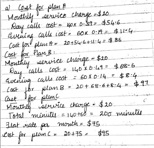 a) Coat for plan $20 calls cost 60X 0 14 $8 4
