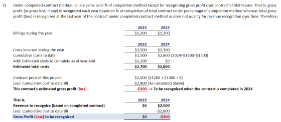 3) Under completed-contract method, all are same as in % of completion method except for recognizing gross profit over contra