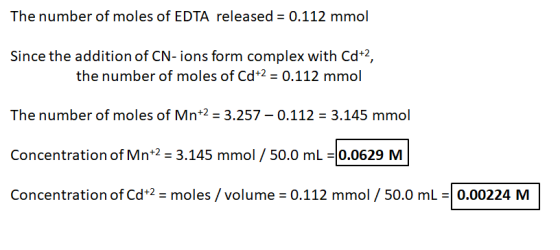 The number of moles of EDTA released = 0.112 mmol Since the addition of CN-ions form complex with Cd+2, the number of moles o