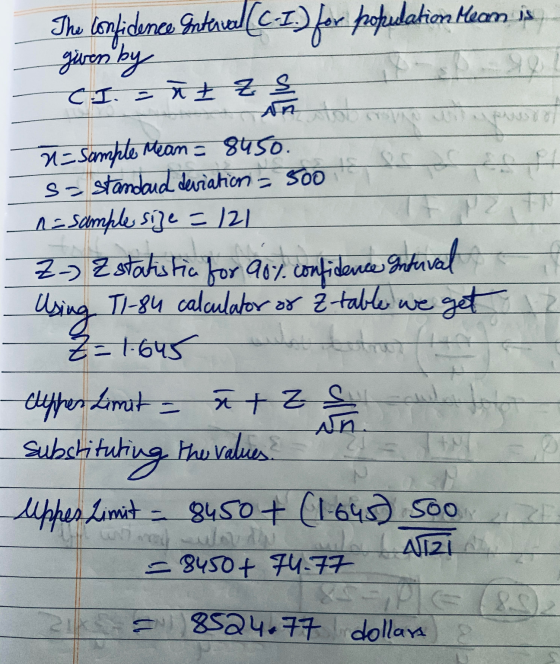 The confidence Sakevel[C-I) for popudatio Macan is given by CI. =^Ł ZS on how u= Sample Mean = 8450. sa standard deviation -