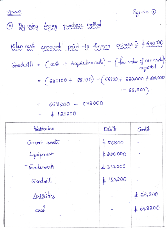 Answer Page. No ① 10 11 @ By using begacy pwchose method Legacy melhod Dicas num when cash amount paid to former owners is $