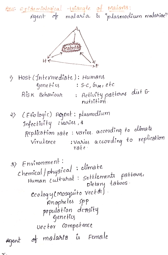 Ans: epidemiological triangle of Malaria: Agent of malaria is plasmodium malariae? i Host i intermediate): Humans Genetics :