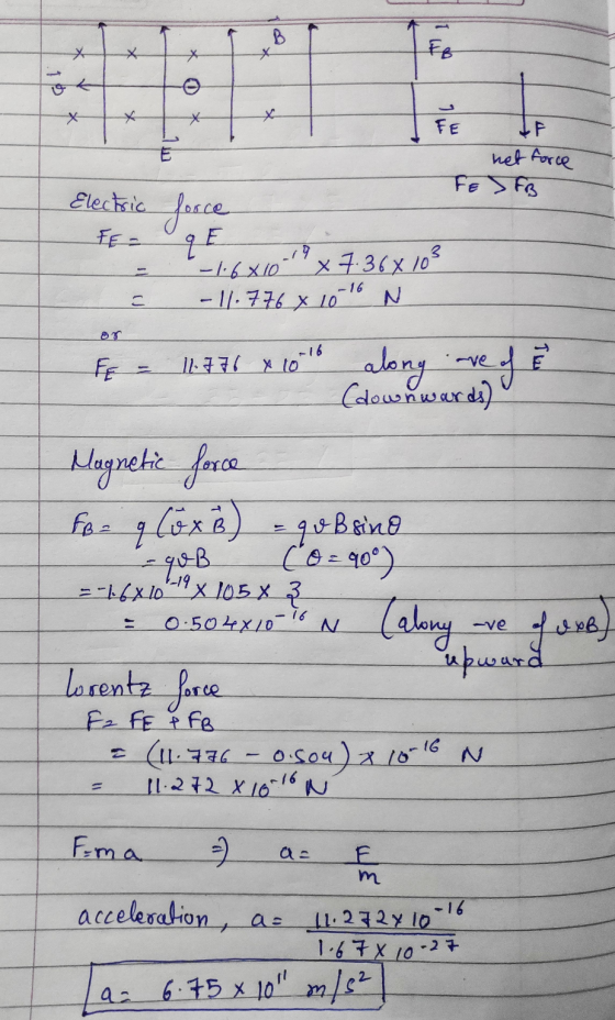 IF net force FEJFB Electric force = -1.6X10 X 7.36x103 = -11.776 x 10 16 N FE = 11.776 x 1016 along are of È - (downwards) M