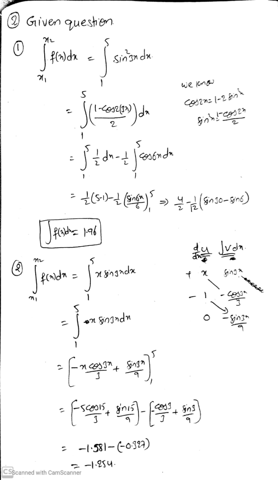 ② Given question 5 I tada suuda we lcnow n ICOS2(31) 2) da du cos2n=1-2 sinh fishi-cosen 2 5 } {dn-t , cosonda = +(5-1) = + (