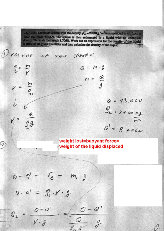 13. A solld n ir from 06N. The sphere is then submerged in a liquid with an density. The scale then reads 8.706N. Work out an