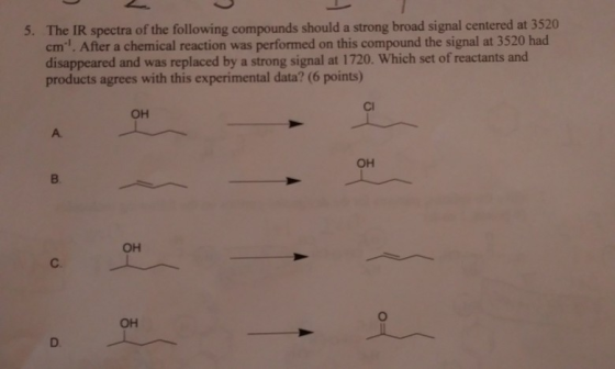 5. The IR spectra of the following compounds should a strong broad signal centered at 3520 cm. After a chemical reaction was