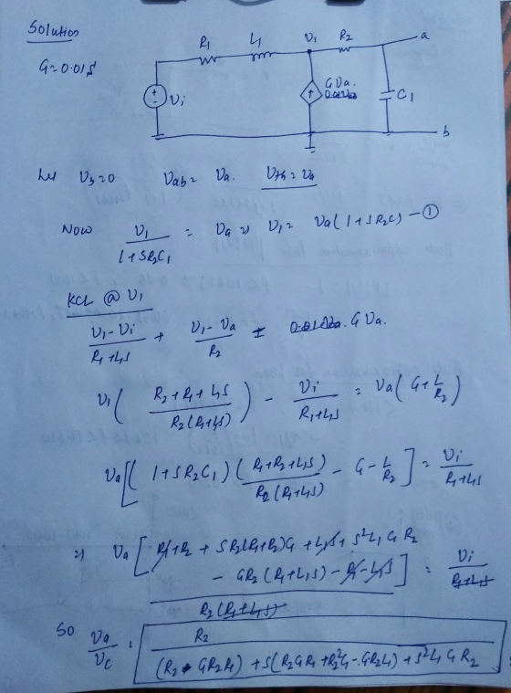 solution R2 Ri w 920.01$ Goa. V; (1) Rawa -ci b hey Vg 20 Vabr Va. Utha Va Now V = Vans V2 Valleshes - 1 11SRC, KCL @ Ui U- V