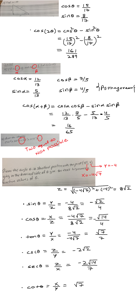 18) Find cos 20 COSAS cose = les sino = .cos(20) = coše - sino = (2-6 Workout 19) If col find cos (atß) 3 12 and ca 13 cosd =