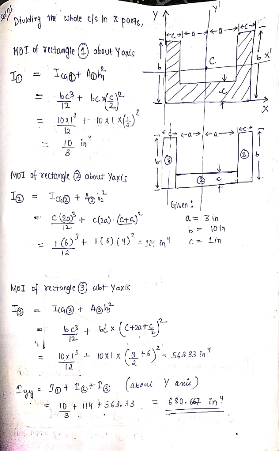 tha whole cls in 3 parts, Diveling ca a MOI of rectongle () about Yaxis C. Iot Ap be bc3 LT la a a - 3b MO1 of 2ectorgle abou