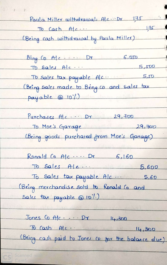 Paula Miller withdrawals Alc... Dy 195 To Cash Alc... (Being cash withdrawal by Paula Miller) 15 Bing Co Alc.... Dr 6,050 TO