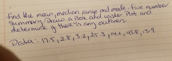 Find We mean median ranae ond mole five nuune SummoDro a Box and wker Plot and ine i