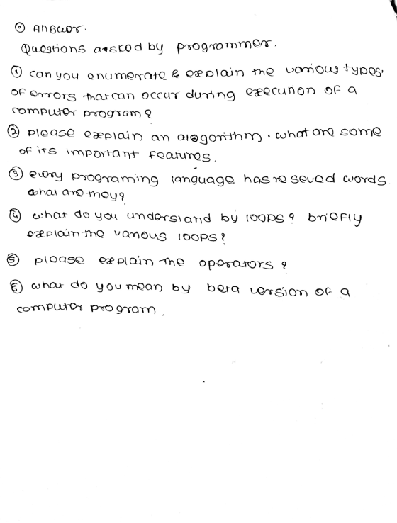 © Anscor Questions aoskod by programmer. ♡ can you enumeraro & Oxplain the vomious types, of omors that can occur during exec