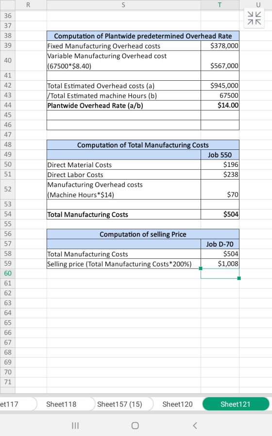 ke 36 37 AR 39 Computation of Plantwide predetermined Overhead Rate Fixed Manufacturing Overhead costs $378,000 Variable Manu