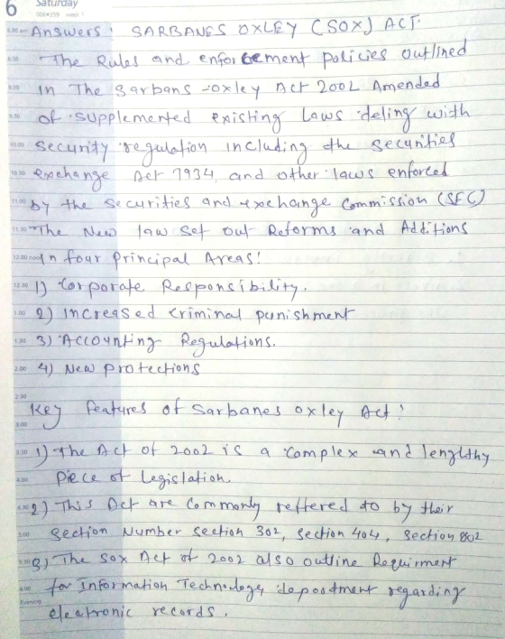 Saturday 005359 week 12m Answers! SARBANES Oxley C sox) ACT * The Rules and enfor bement policies outlined in The sarbans -ox