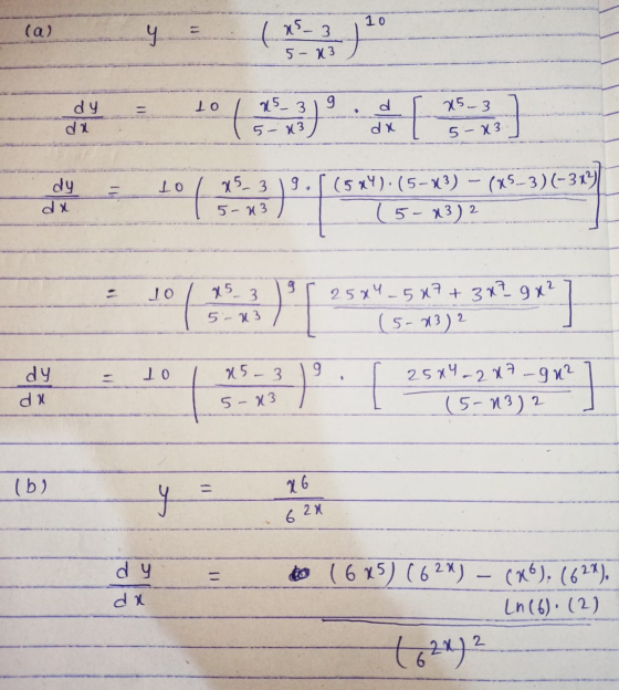 (a) 10 x5_3 ५ 5- X3 lo x5_3 9 25-3 dy da dy [ 5 - 43 dx 5- X3 to 25_3 9. . dy dx (5x4).(5-3) - (W5-3)(-31) (5-132 5- 43 jo 75