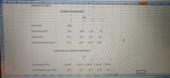 A C D E G K L M 0 Calculation of PUMP B 91 92 Calculation of Depreciation 93 | 94 Year 95 3 1 4. 96 97 Investment 1900 98 99