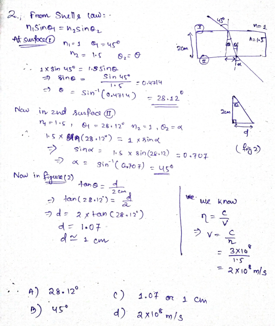450 NE1 2. j. from Snells caw.. nising = uzsinor At surface nie 1 Q = 45° los A=1.5 2cm M2= O₂ = 0 1 x Sin u5° = 1.5sino sin