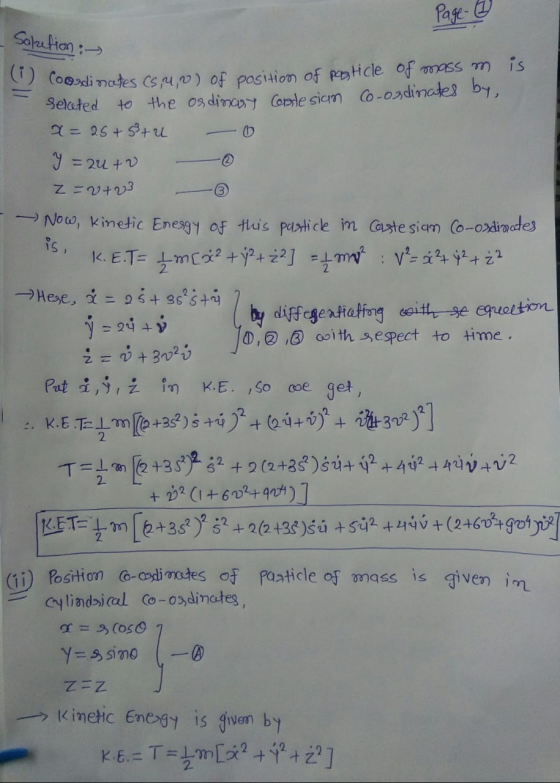 Page 1 - Solzetion : (1) Coordinate of mass m is. Coordinates (5, 40) of position of posticle Selated to the ordinary Cartesi