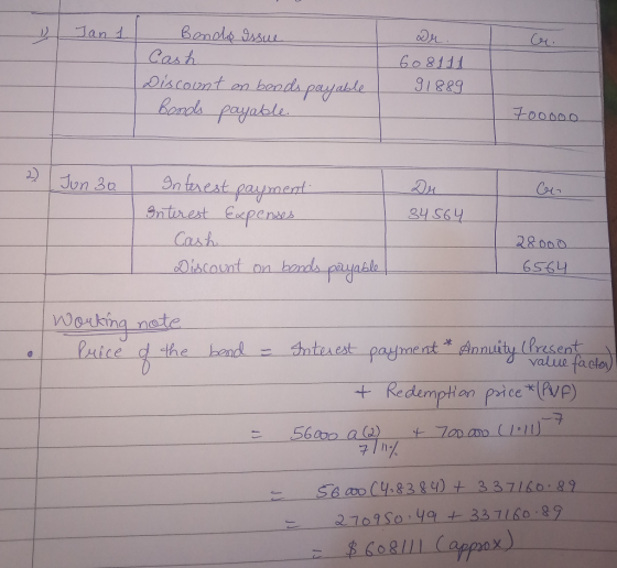 Jan 1. I Bando Issue Cash Discount on boods payable ! Bonds payable. 608111 91889 700000 2) Jun 30 L Dr an 34564 Interest pay