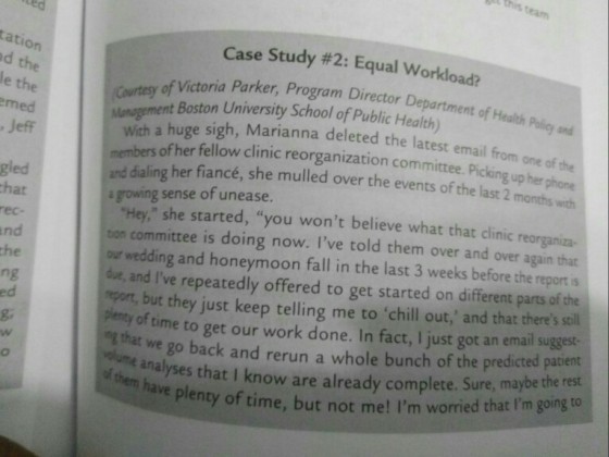 his team Case Study #2: Equal workload? tation d the le the med Jeff Victoria Parker, Progra m Director Department of Health Policy and Courtesy Nnugement Boston University School of Public Health) a huge sigh, Marianna deleted the latest email from one of the of her fellow clinic reorganization committee. Picking up her phone and dialing her fiancé, she mulled over the events of the last 2 a growing sense of unease. gled hat ec- nd Hey, she started, you wont ton committee is doing now. Ive told them over and over again that our wedding and honeymoon fall in the last 3 weeks before the report is due, and lIve repeatedly offered to get started on different parts of the ng ed g: report, but they just keep telling me to ‘chill out, and that theres still peny of time to get our work done. In fact, I just got an email suggest- we go back and rerun a whole bunch of the predicted patient analyses that I know are already complete. Sure, maybe the rest l that ha ve plenty of time, but not me! Im worried that m go