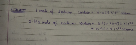 Answer Imole of sodium contain 6.022 x 1023 atoms 0.160 m codium containd 0.160 X 6.022 X 10²3 20.963 X 1023 atoms